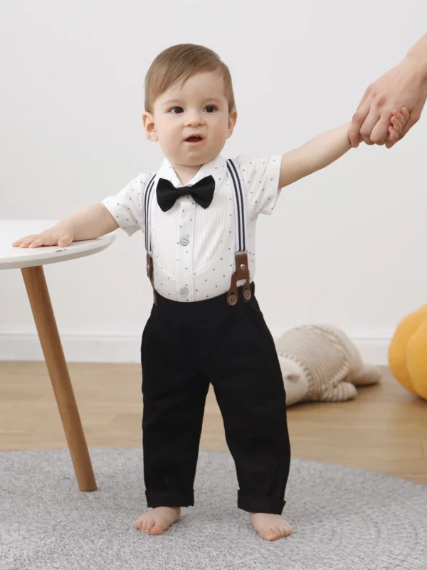 Baby Boy Gentleman's formal Clothes Wedding Outfit Suits, Infant Boy Summer Set, Dress Shirt+Vest+Suspender Pants+Bowtie - Image 2