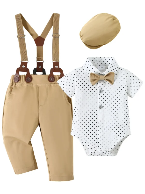 Baby Boy Gentleman's formal Clothes Wedding Outfit Suits, Infant Boy Summer Set, Dress Shirt+Vest+Suspender Pants+Bowtie - Image 5