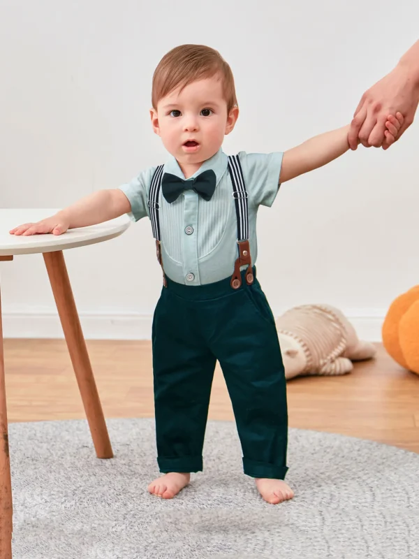 Baby Boy Gentleman's formal Clothes Wedding Outfit Suits, Infant Boy Summer Set, Dress Shirt+Vest+Suspender Pants+Bowtie - Image 3